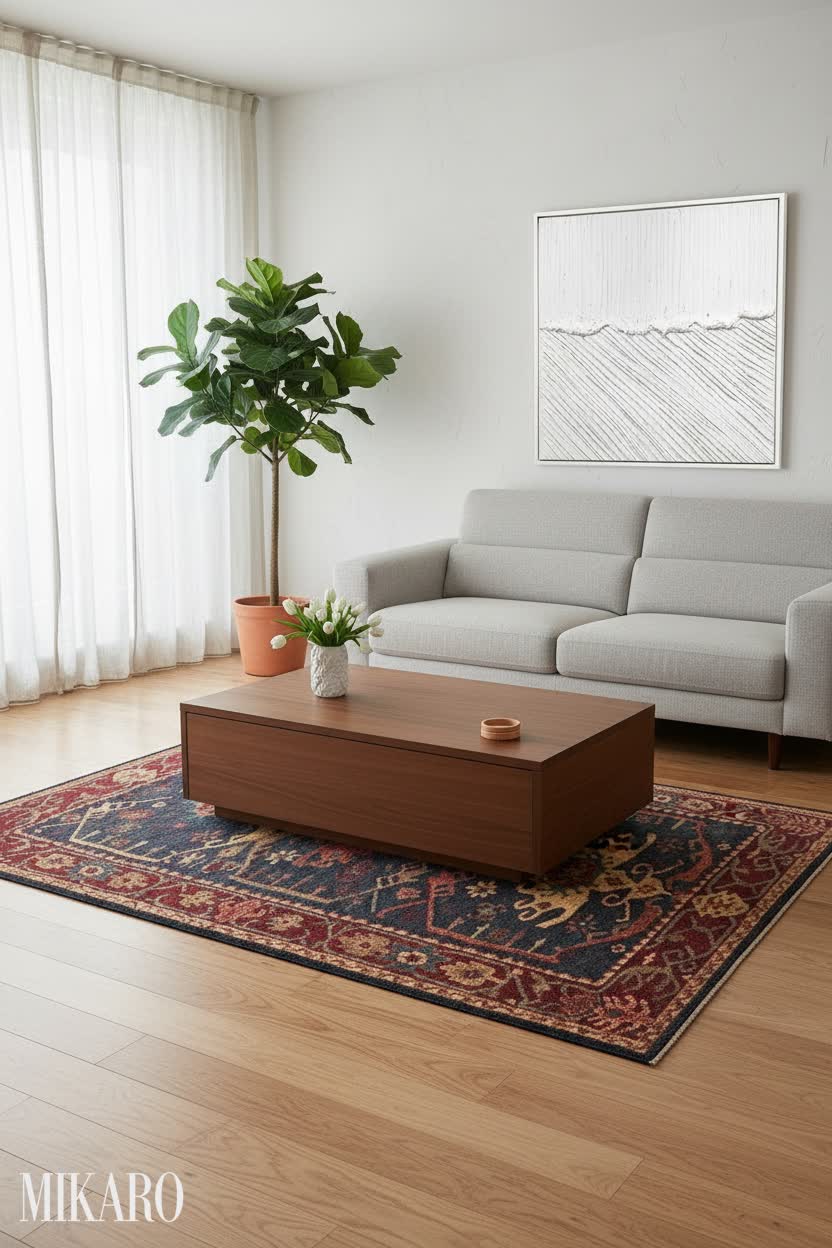 Minimalist Living Room Decor: Hand-Tufted Rug, Expandable Coffee Table & Abstract Wall Art