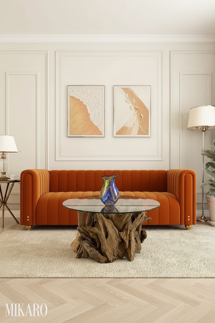 Minimalist Living Room Design with Orange Velvet Sofa & Driftwood Coffee Table