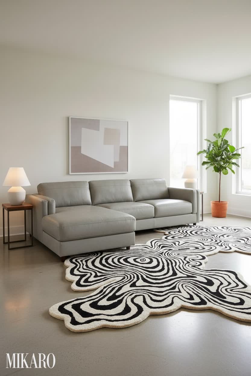 Minimalist: Wavy Rug & Light Gray Sectional Living Room