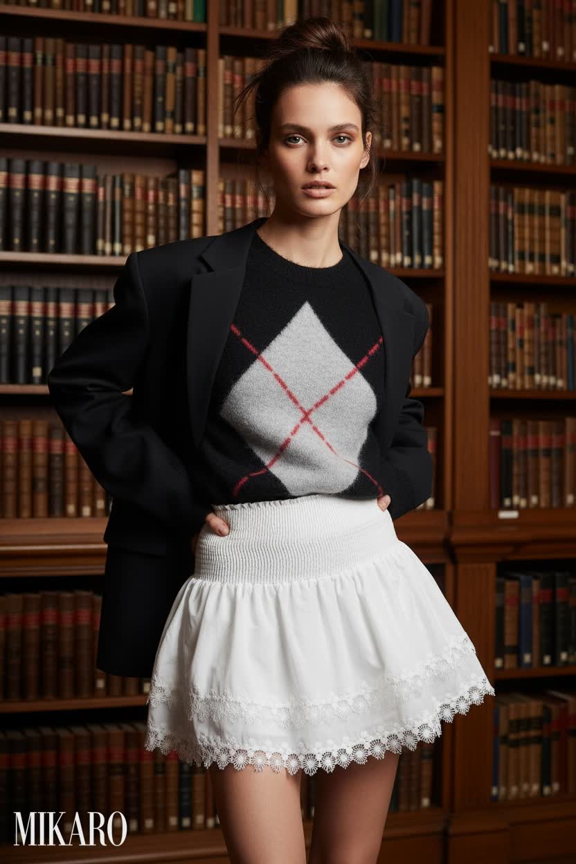 Modern Argyle & Ruffle Skirt Ensemble