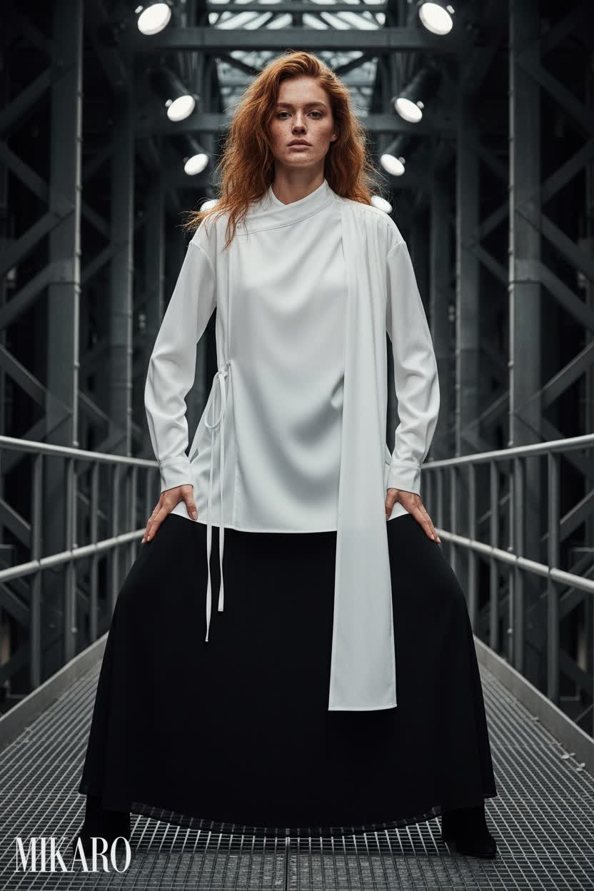 Modern Asymmetrical Blouse with Flowing A-line Skirt