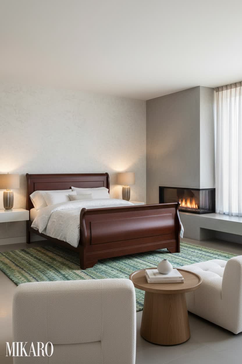 Modern Bedroom: Fireplace Mantel & Earth Tones