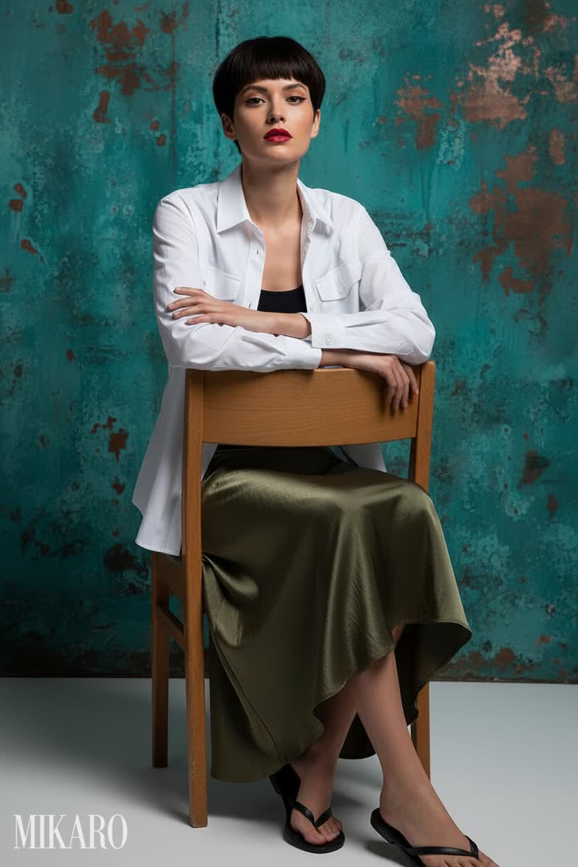 Modern Bowl Cut with Olive Maxi Skirt and White Shirt