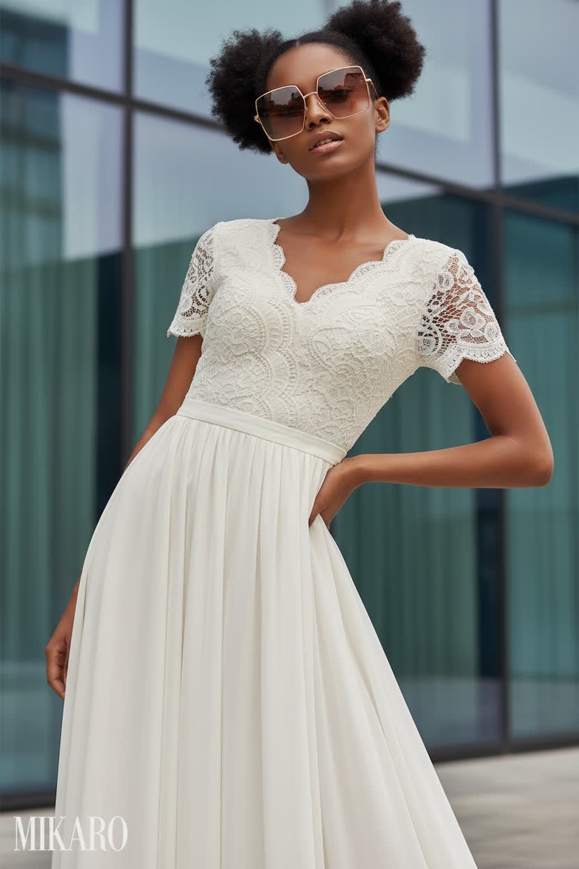 Woman in white lace dress and square sunglasses, modern glass building background.