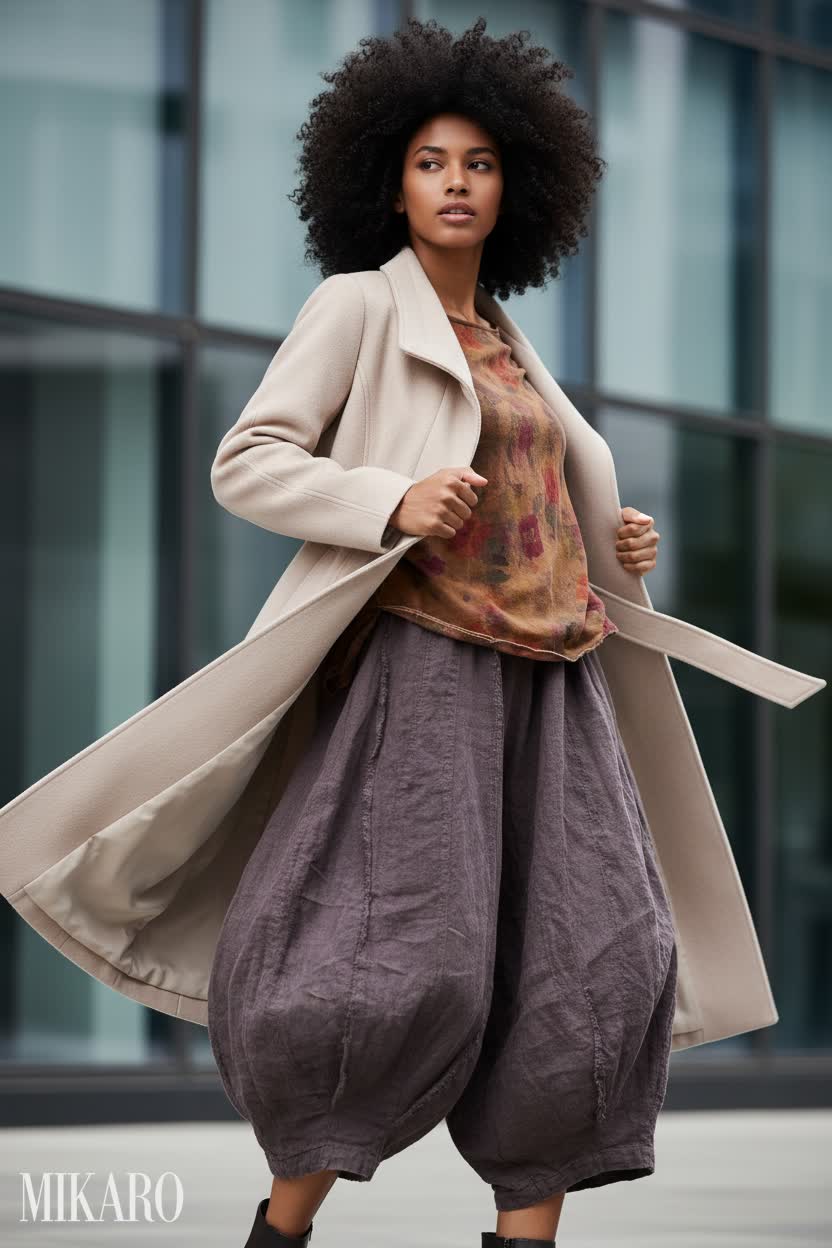 Modern City Chic: Wool Coat & Linen Harem Pants