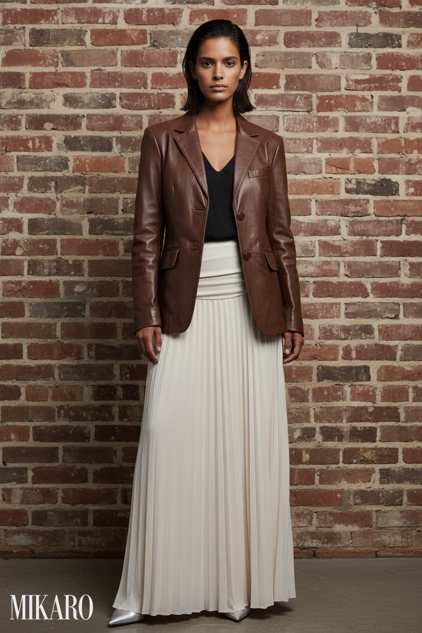 Modern Classic: Maxi Skirt & Leather Blazer Ensemble