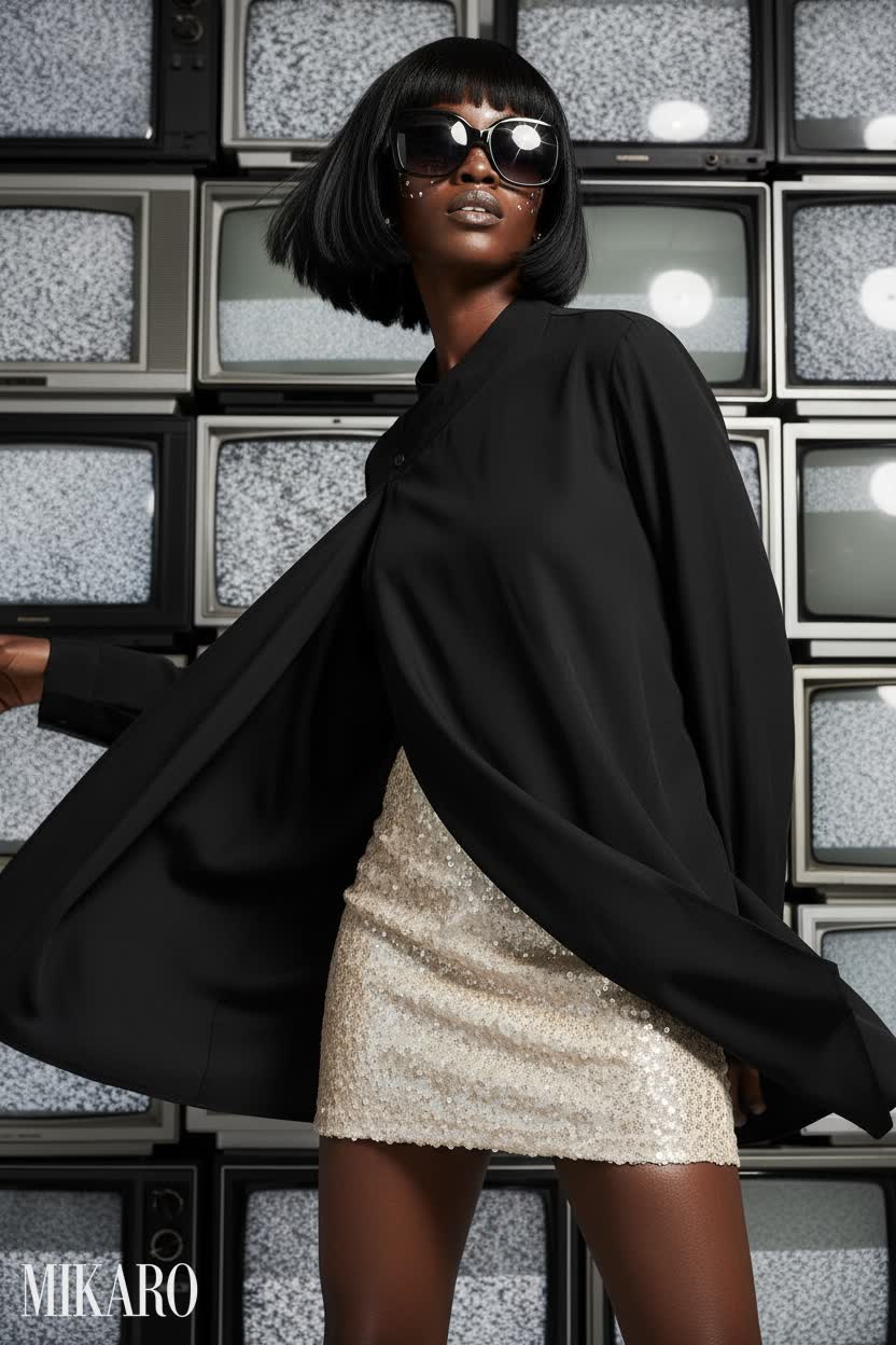 Modern Edge: Black Blouse, Sequin Skirt, and Statement Sunglasses