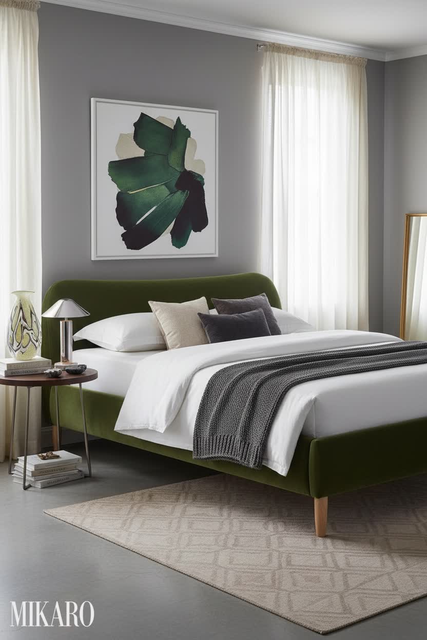 Modern Elegance Bedroom: Velvet Bed, Murano Vase & Designer Lamp