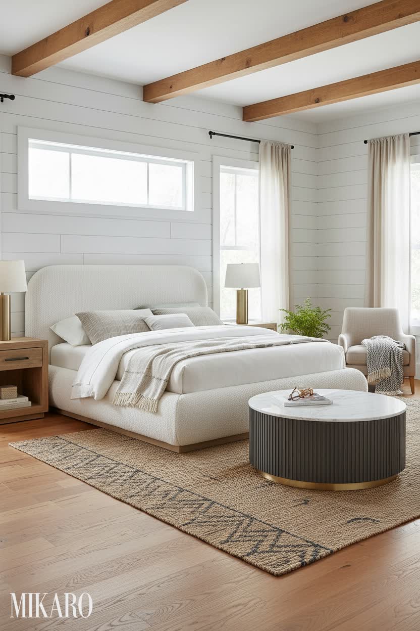 Modern Farmhouse Bedroom Oasis: Boucle Bed, Brass Lamp, & Marble Coffee Table