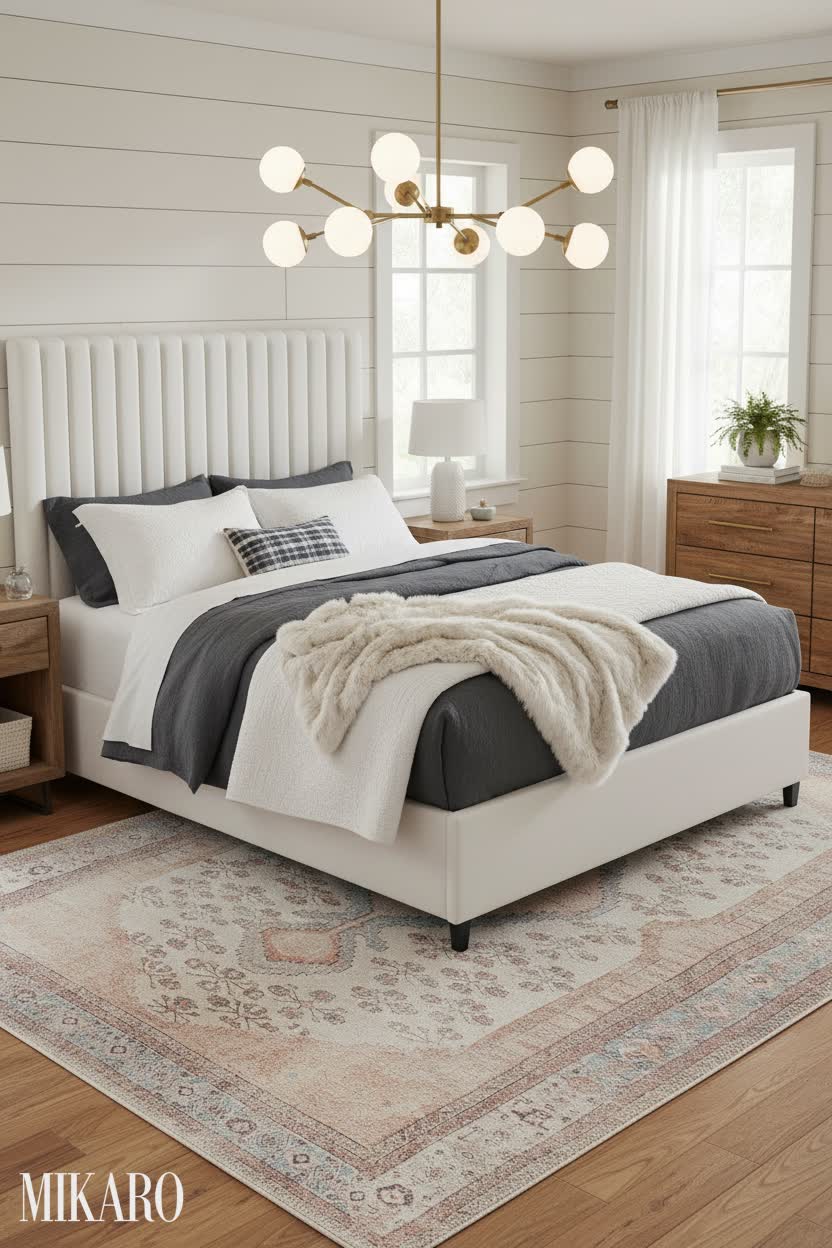 Modern Farmhouse Bedroom Oasis: MAKLAINE Bed, Progress Chandelier & BoutiqueRugs Moora