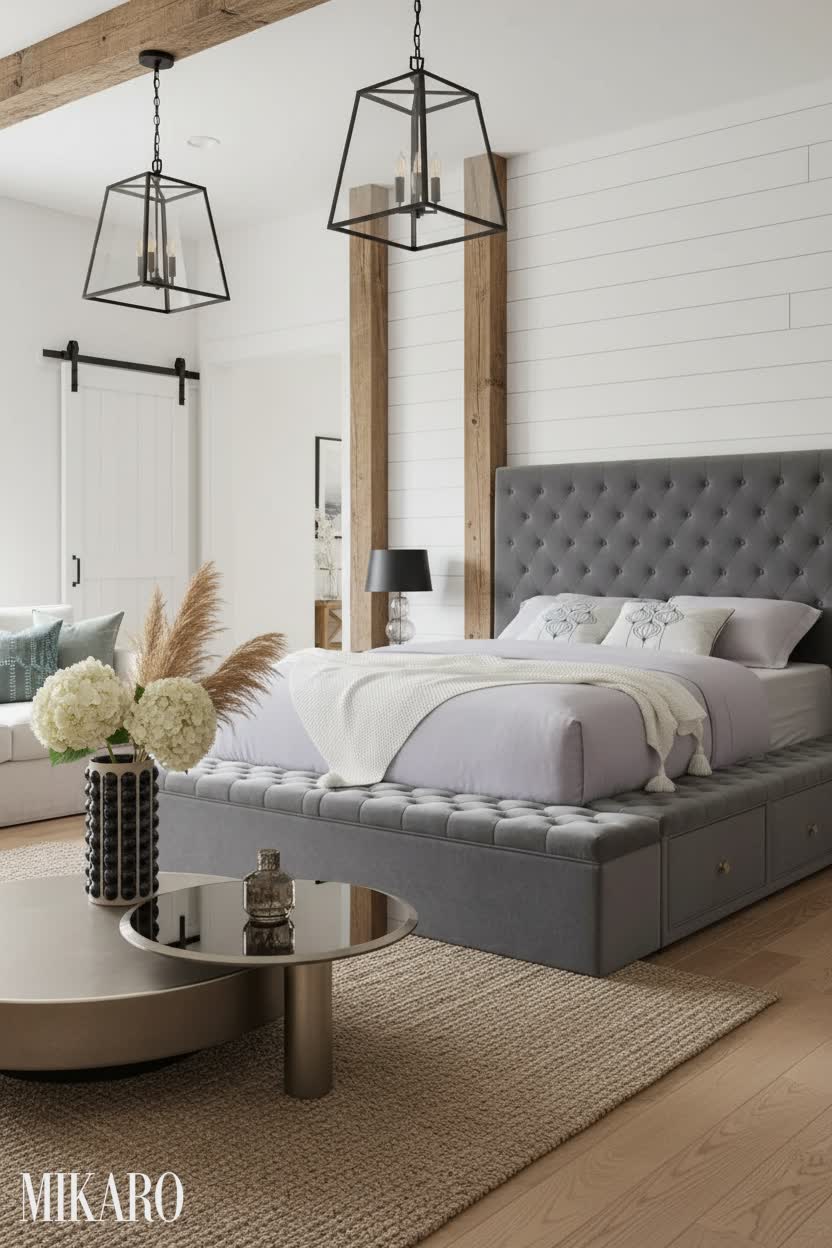 Modern Farmhouse Bedroom Retreat: Velvet Tufted Bed, Round Coffee Table & Bubble Vase Decor