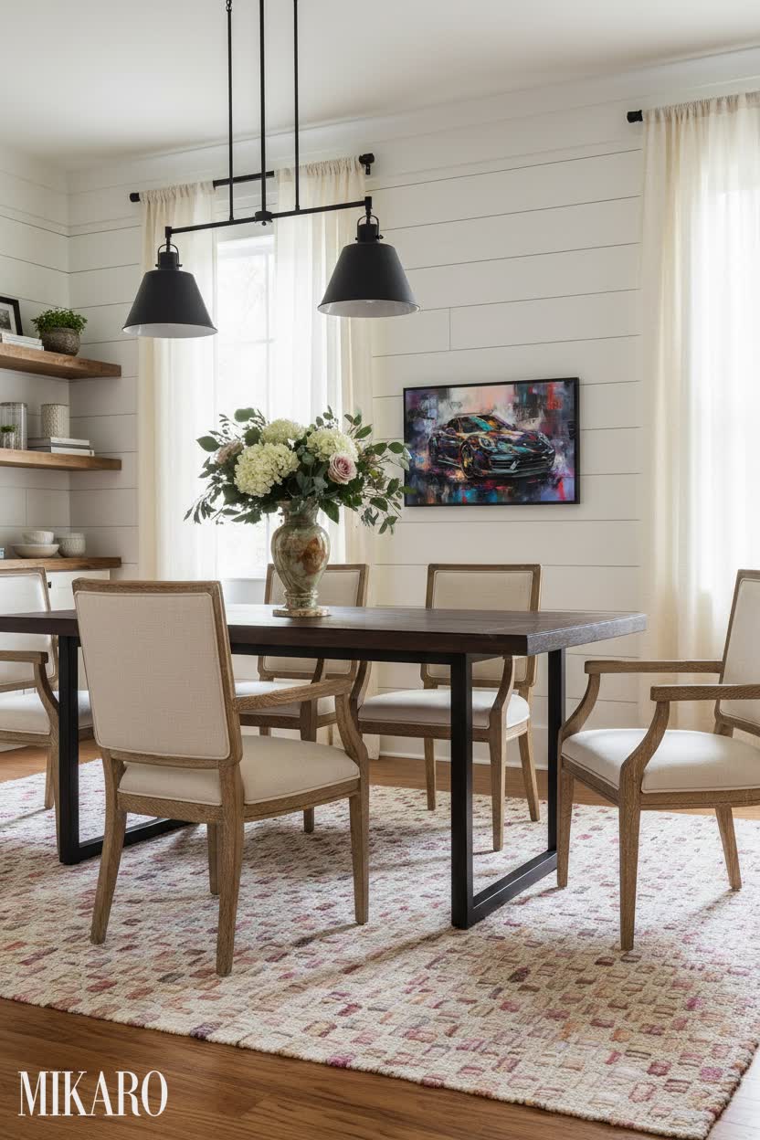 Modern Farmhouse Dining Room: Rug, Onyx Vase & Porsche Art | Elegant Home Decor Inspiration