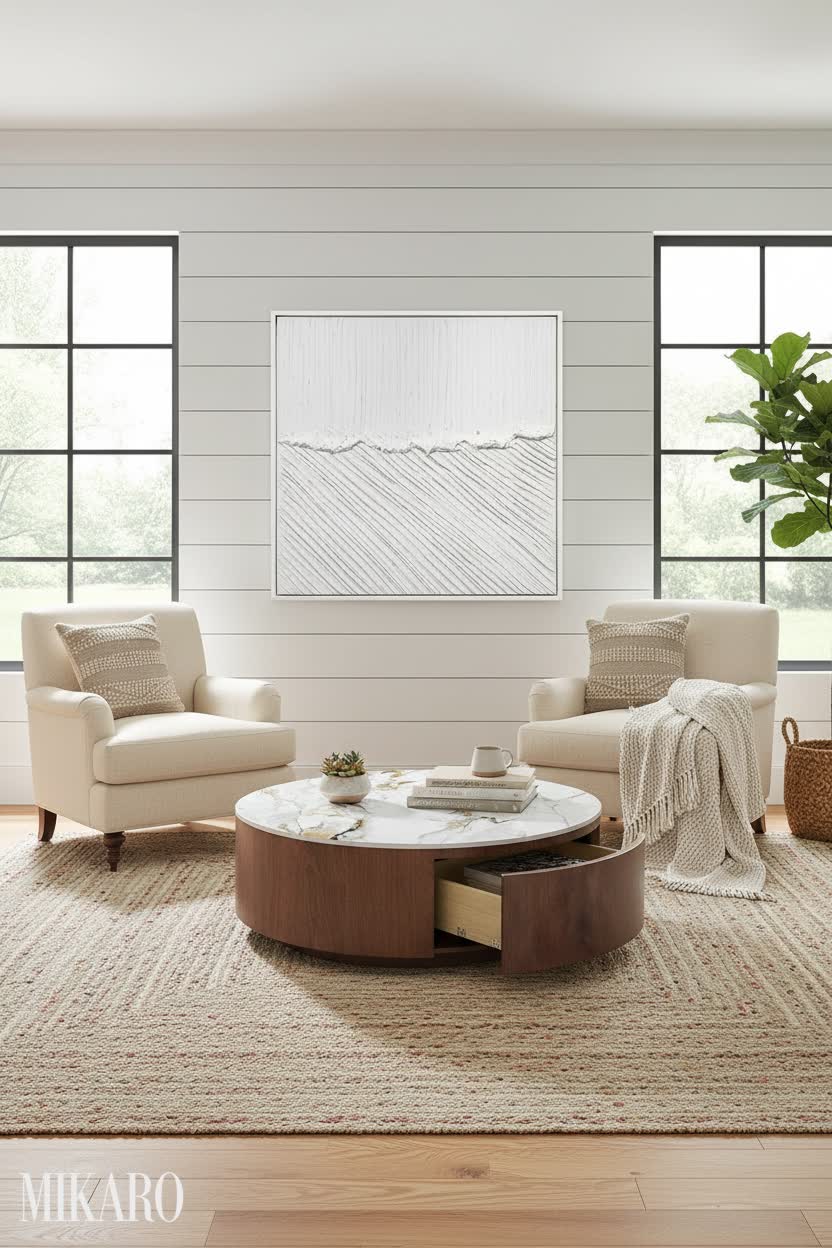 Modern Farmhouse Living Room: Textured Art & Warm Comfort