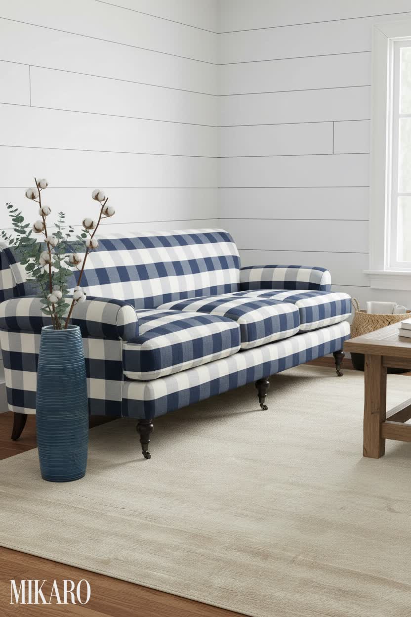 Modern Farmhouse Living Room: Viscose Silk Rug, Buffalo Check Sofa & Minimalist Vase