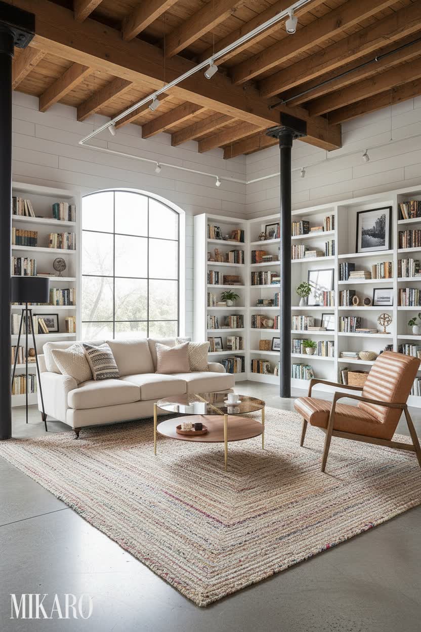 Modern Farmhouse: Lofty Library Retreat with Industrial Charm