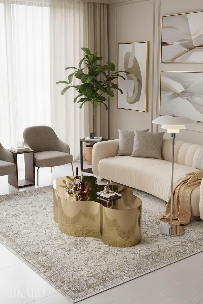 Modern Glam: Golden Coffee Table & Neutral Tones Living Room