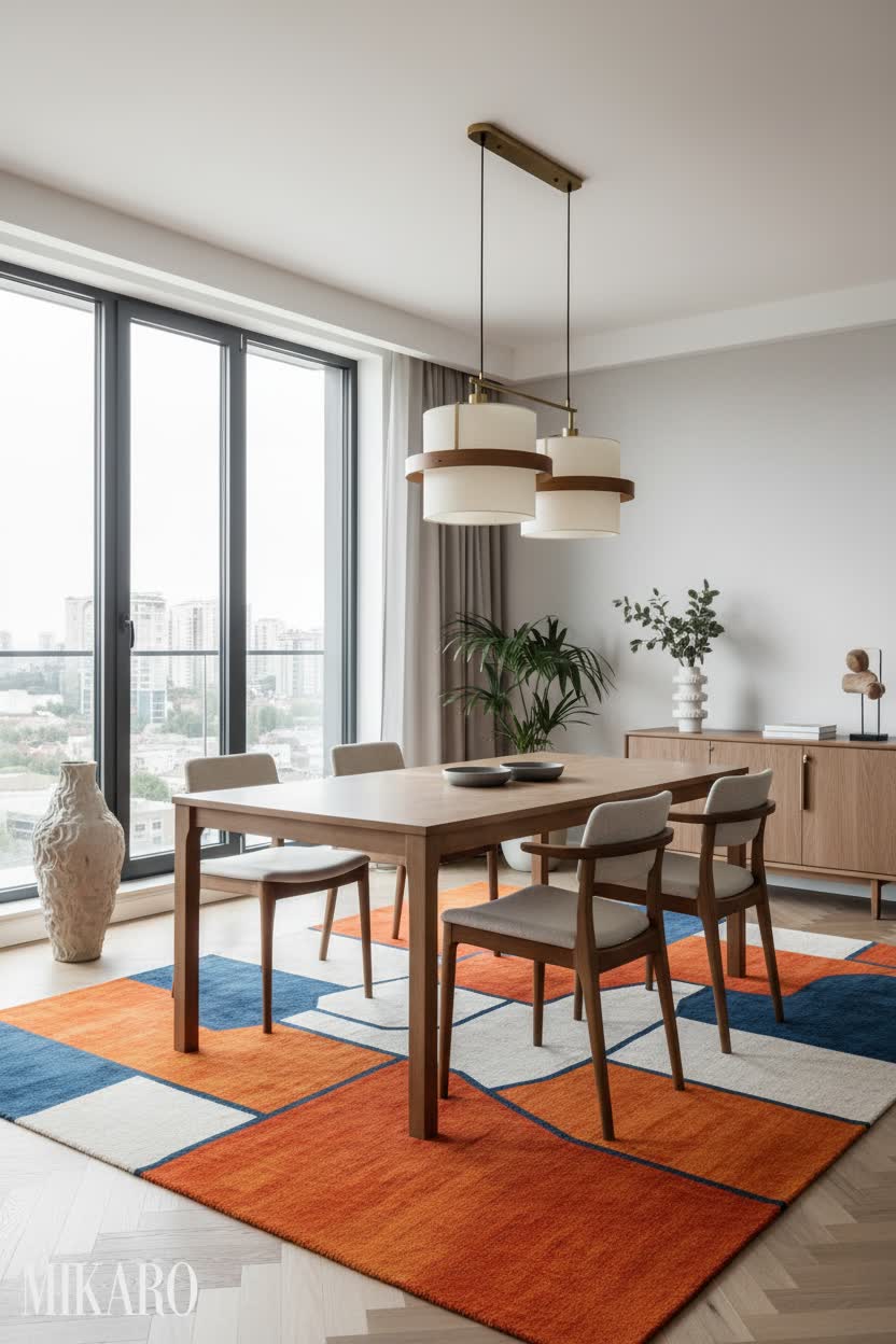 Modern Interior Design: Dining Room with Sculptural Vase, Pendant Light & Abstract Rug