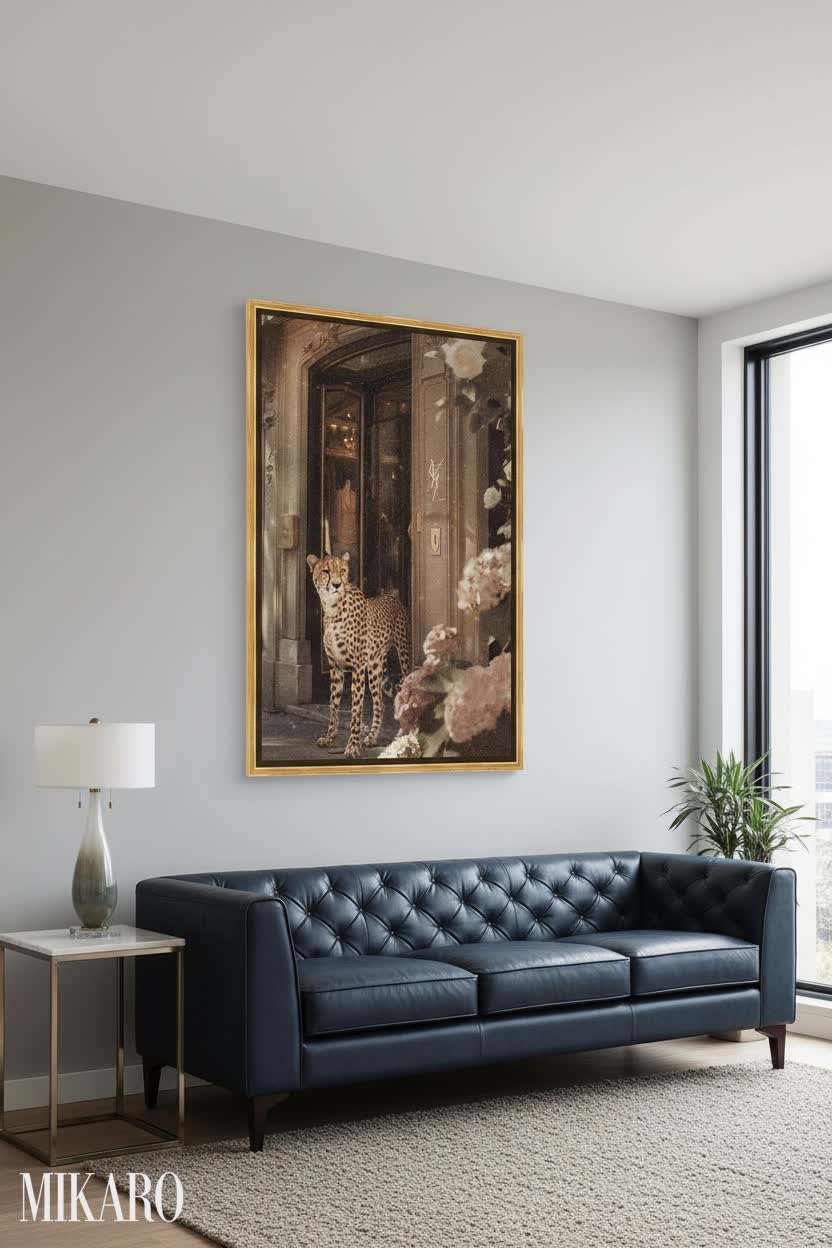 Modern Living Room Design: Cheetah Art, Blue Leather Sofa, & Elegant Lighting Ideas