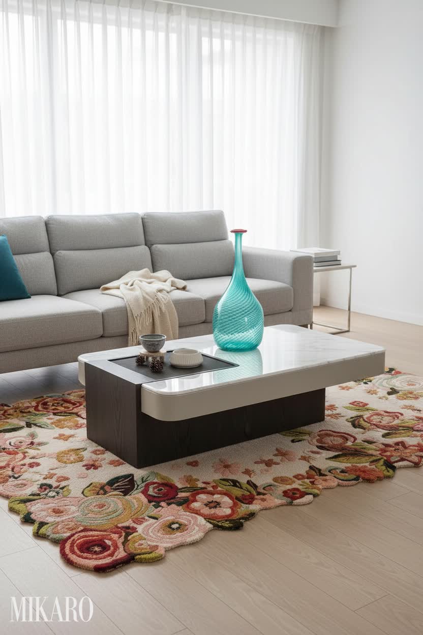 Modern Nordic Living Room Oasis: Vibrant Floral Rug, Sleek Coffee Table & Artistic Glass Accent