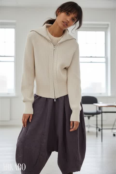Modern Office Chic: Knit Jacket and Harem Pants Ensemble