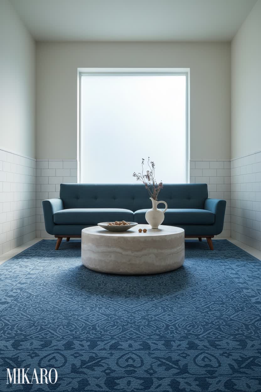 Modern Sanctuary: Azure Sofa & Marble Table in a Tiled Retreat