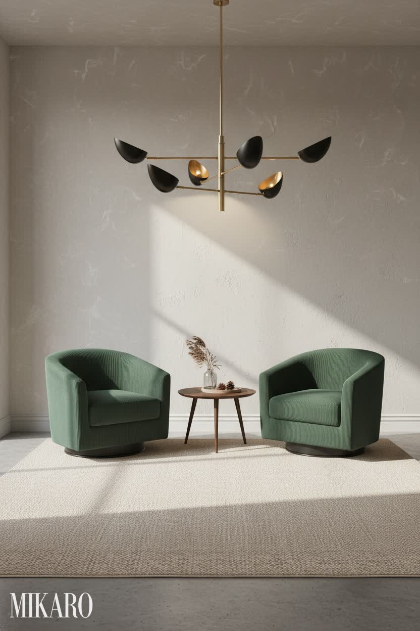 Modern Vestibule: Elegant Entryway with Sputnik Chandelier and Green Barrel Chairs