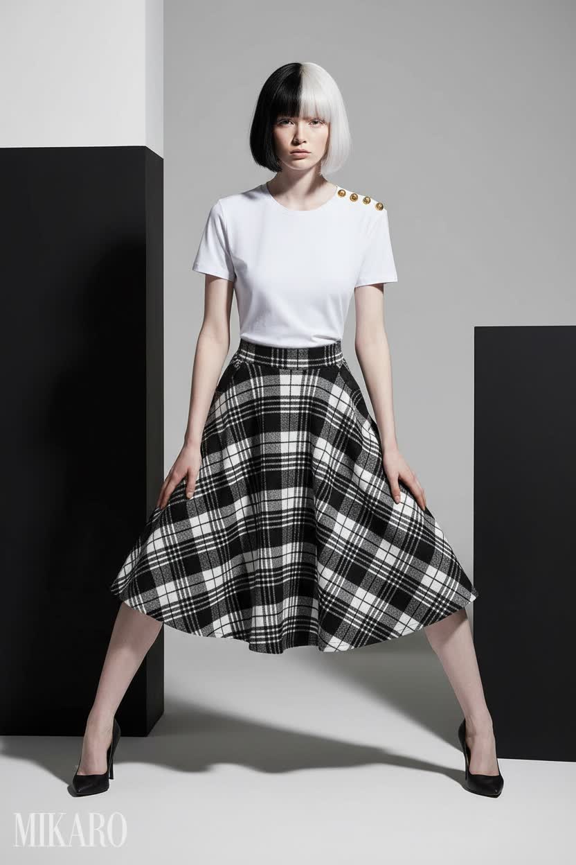 Monochromatic Elegance: Balmain Tee & Plaid Midi Skirt