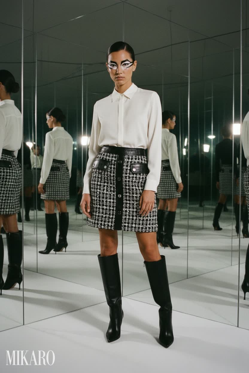 Monochrome Tweed Skirt & Silk Blouse Ensemble