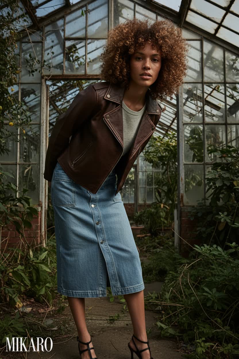 Brown leather moto jacket, light wash denim midi skirt, curly hair, greenhouse.