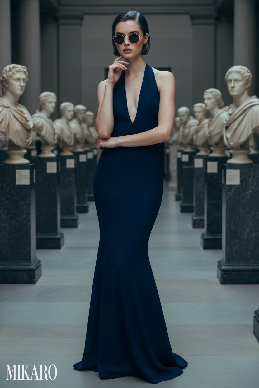 Museum Elegance: Halter Gown and Round Metal Sunglasses
