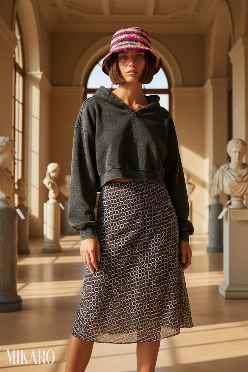 Museum Wanderer: Acid Wash Hoodie and Patterned Skirt Ensemble