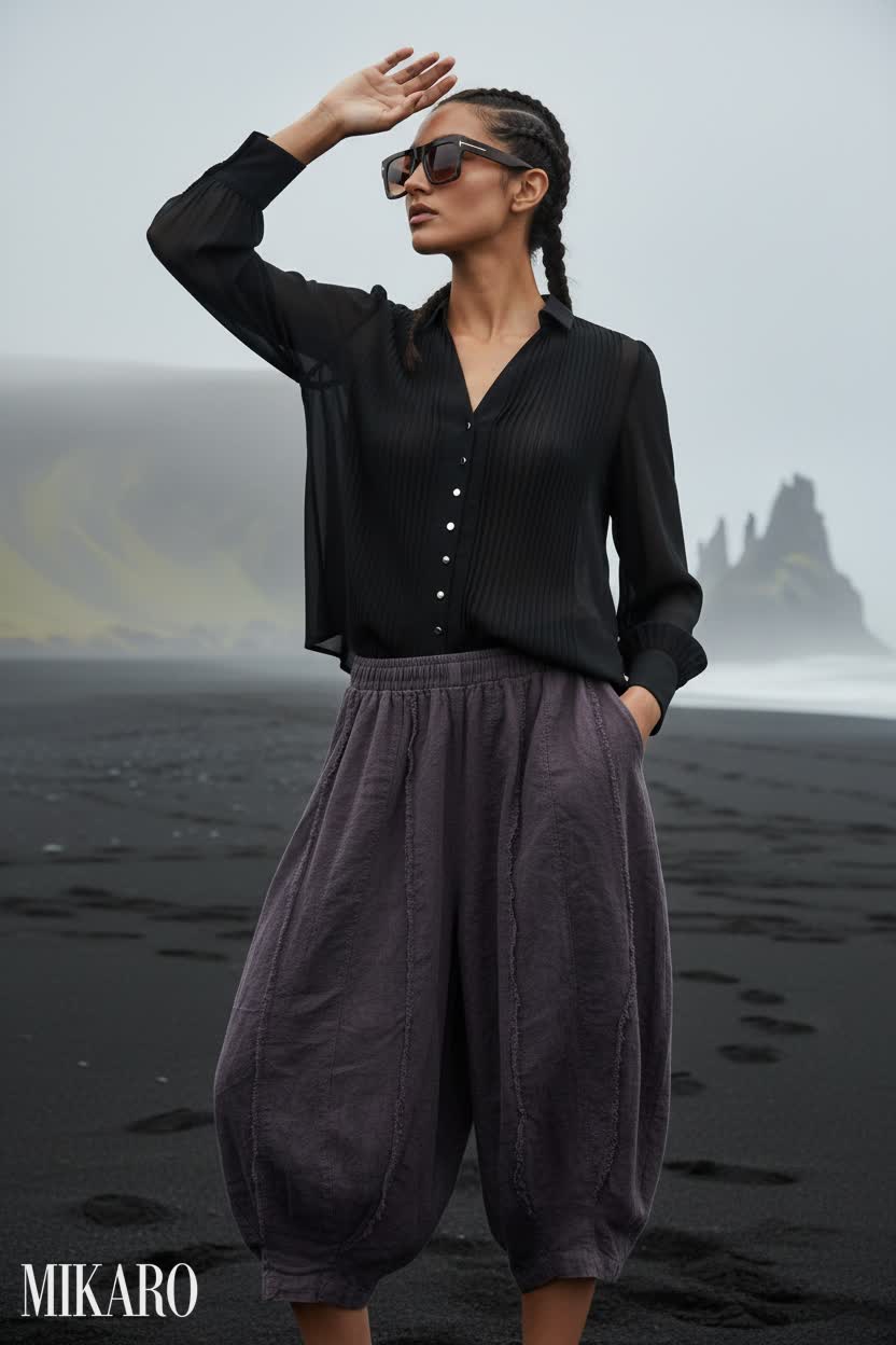 Mysterious Wanderer: Black Blouse & Harem Pants Ensemble