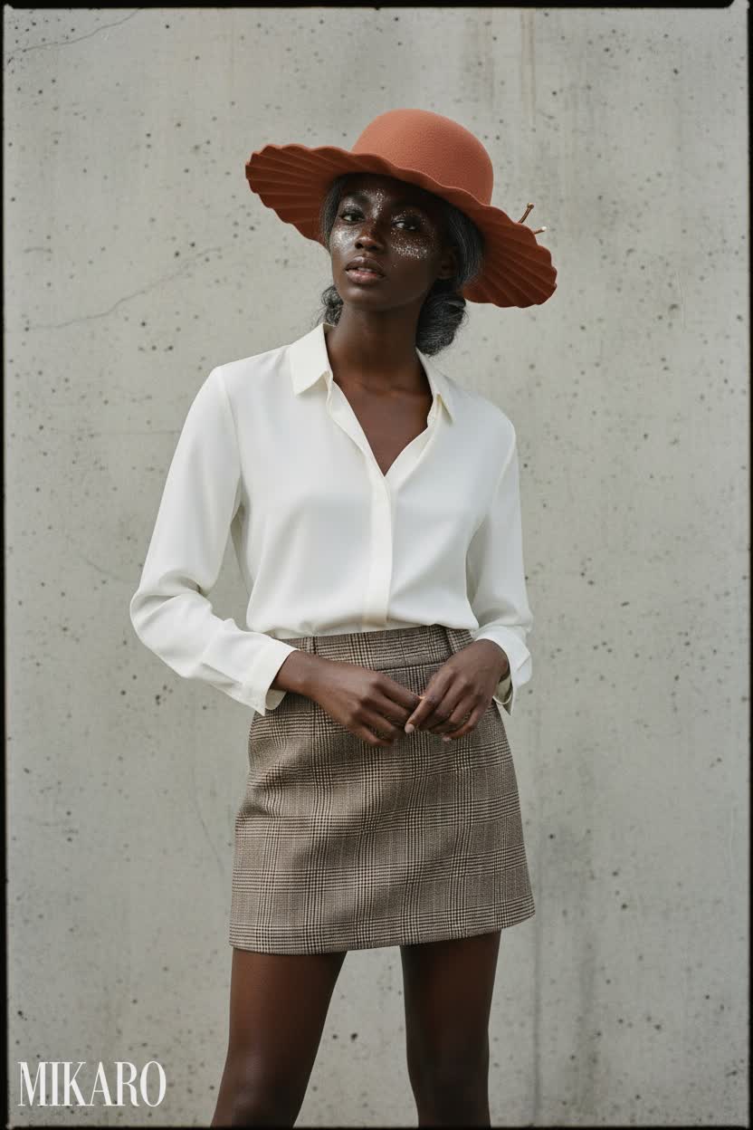 Natural White Silk Blouse, Houndstooth Skirt & Felt Hat