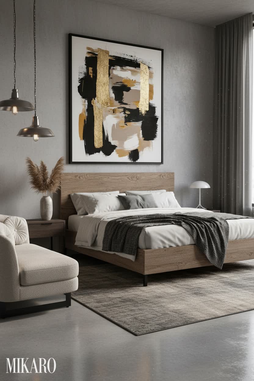Neo-Industrial Bedroom Oasis: Hyanna Bed, Sahara Art & Kali Sofa