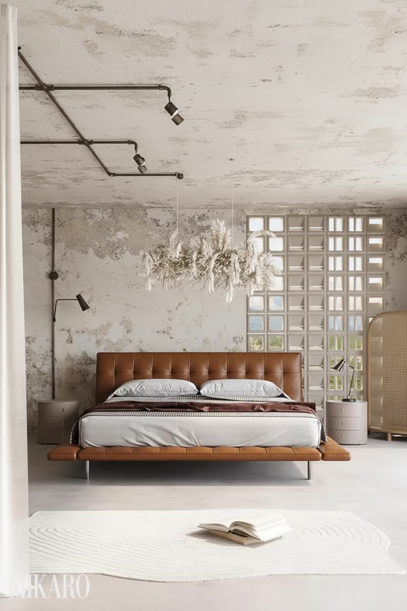 Neo-Industrial Bedroom Oasis: Leather Bed & Modern Minimalist Decor