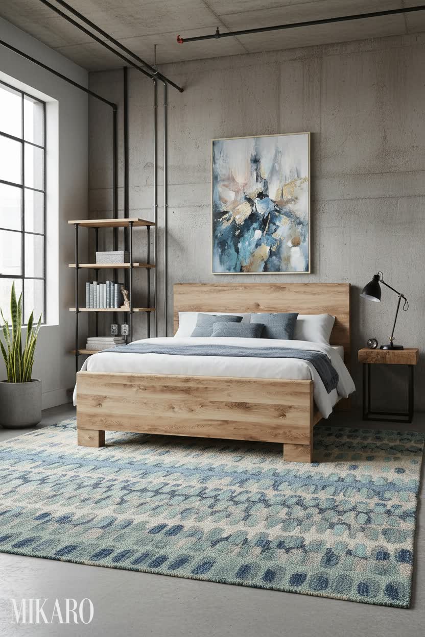 Neo-Industrial Bedroom Oasis: Rustic Wood Bed, Geometric Rug & Abstract Art