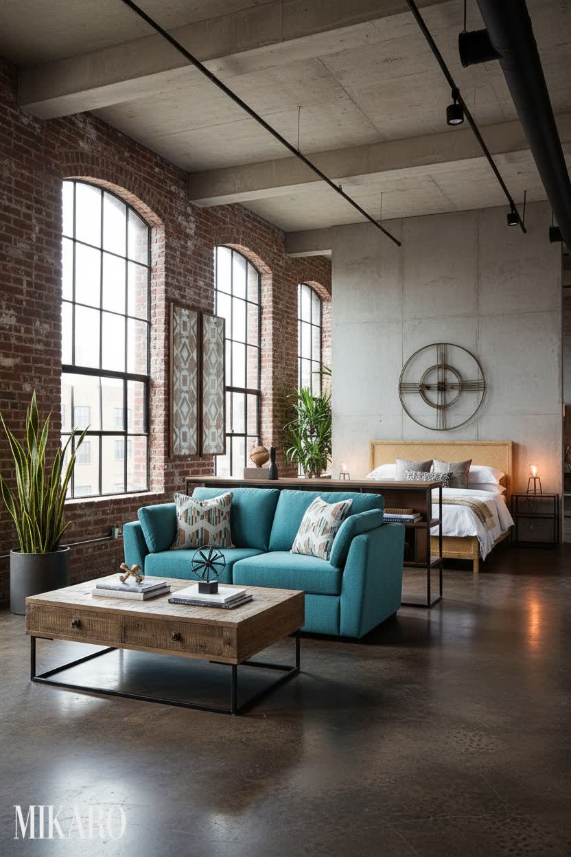 Neo-Industrial Chic: Urban Loft Living Room & Bedroom with Rattan, Geometric Art & Teal Loveseat