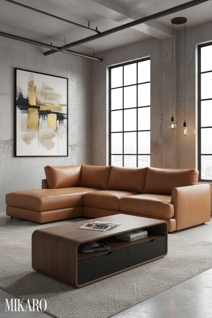 Neo-Industrial: Cognac & Walnut Textures in Modern Living Room