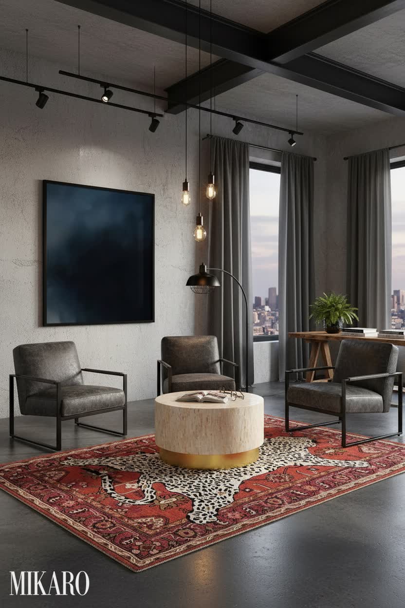 Neo-Industrial: Deep Hues & Luxe Textures Living Room