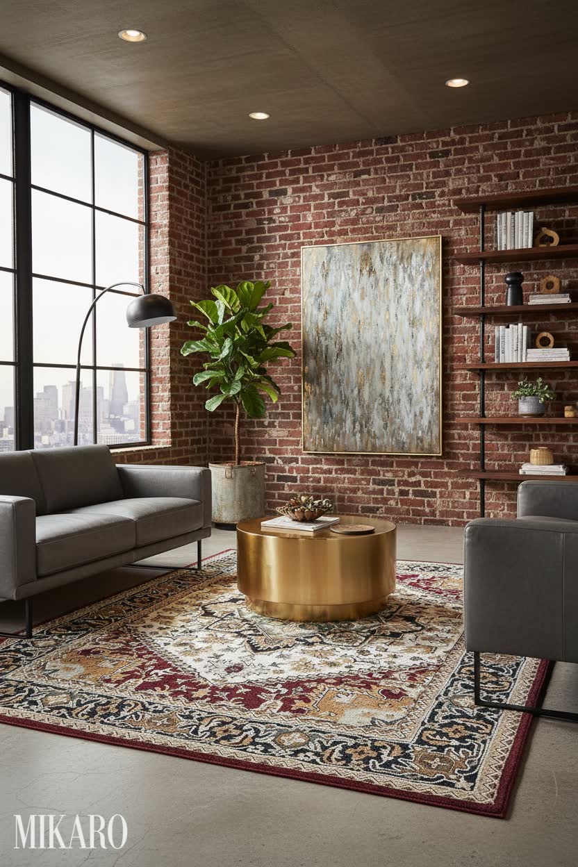 Neo-Industrial: Gold & Rich Red Textures for Urban Living Room