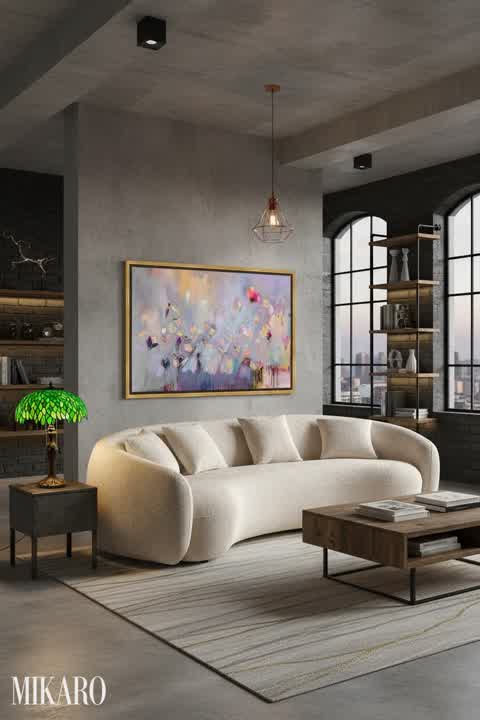 Neo-Industrial Living: Curved Boucle Sofa, Tiffany Lamp, Abstract Art - Sophisticated Home Decor