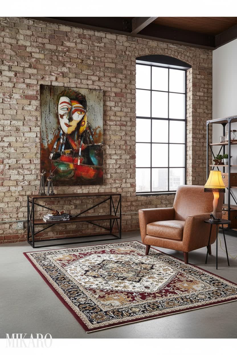 Neo-Industrial Living Room: Artful Loft Design with Statement Pieces & Cozy Rugs