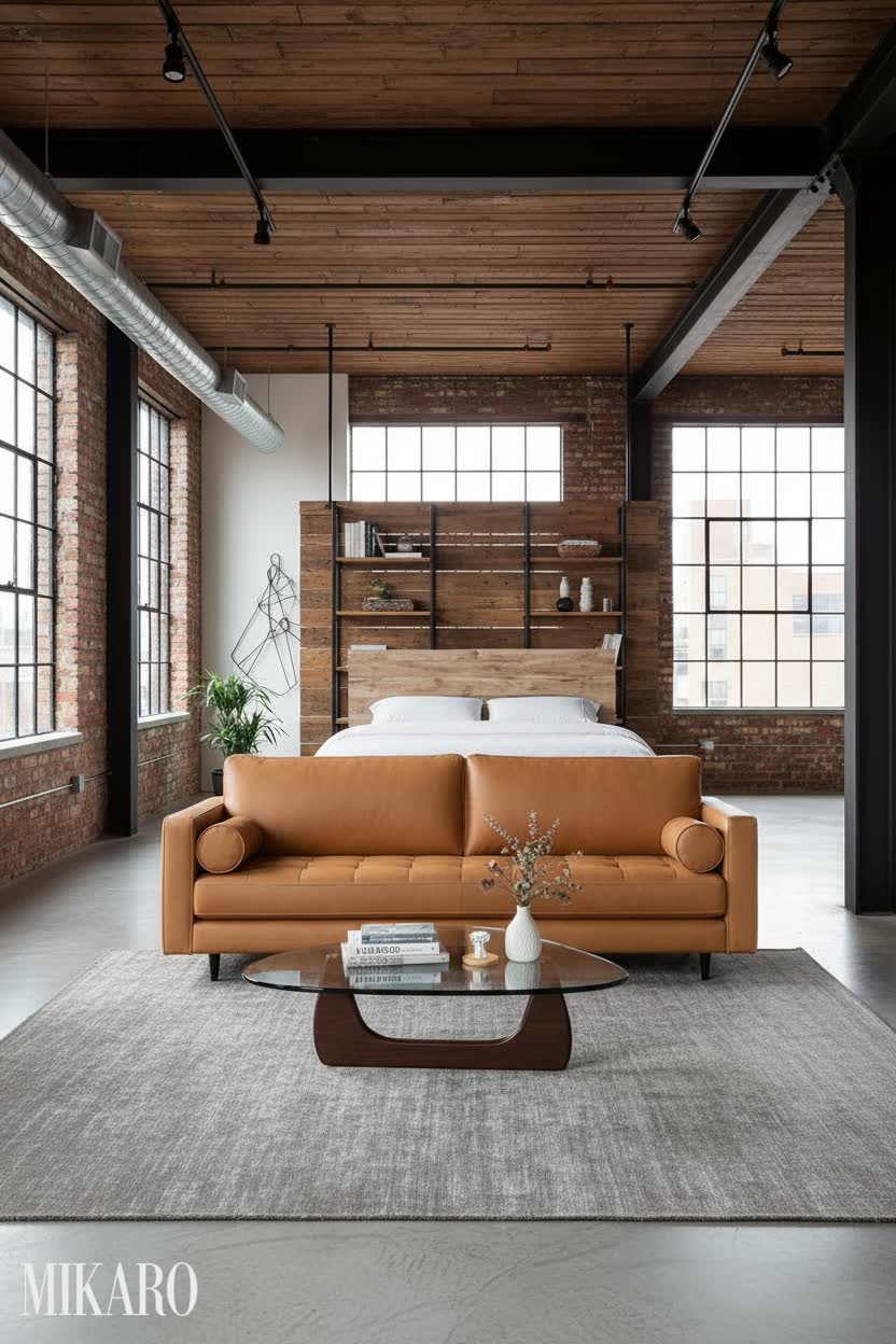 Cognac leather sofa paired with sleek glass coffee table