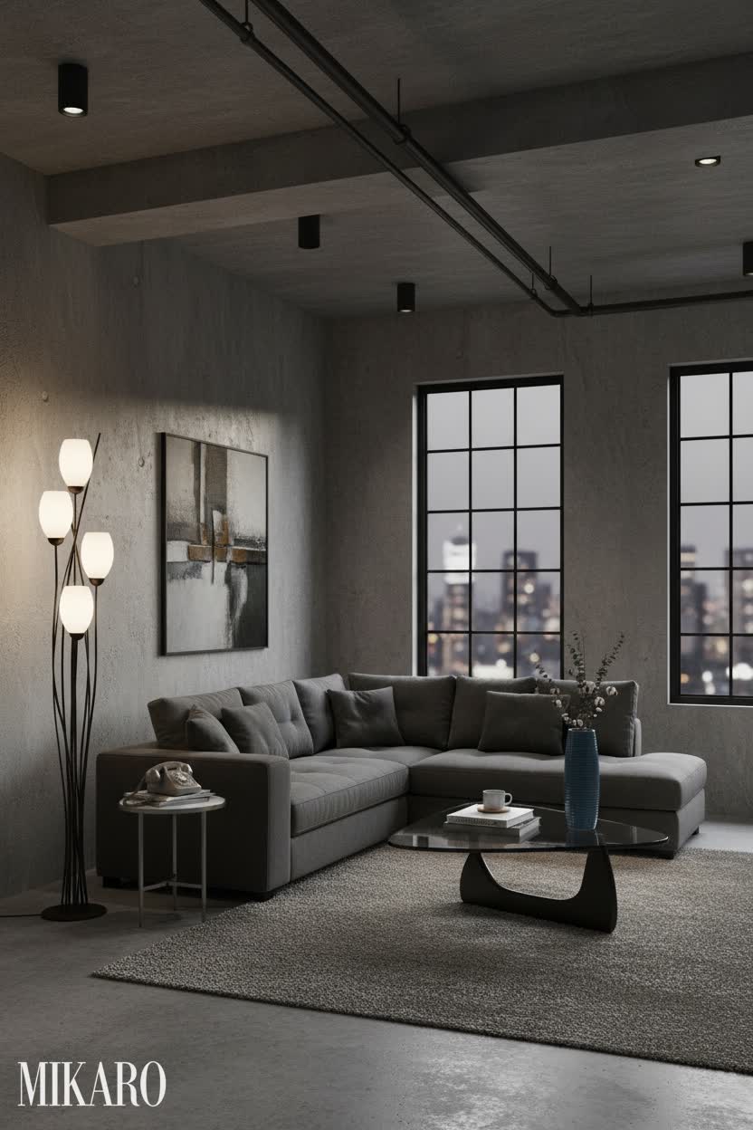 Glass coffee table with ceramic vase and black metal lamp