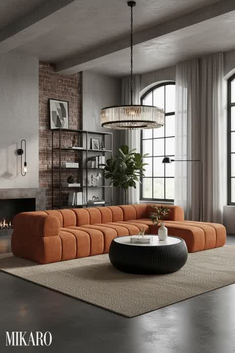 Neo-Industrial Living Room: Earthy Sofa & Crystal Shine