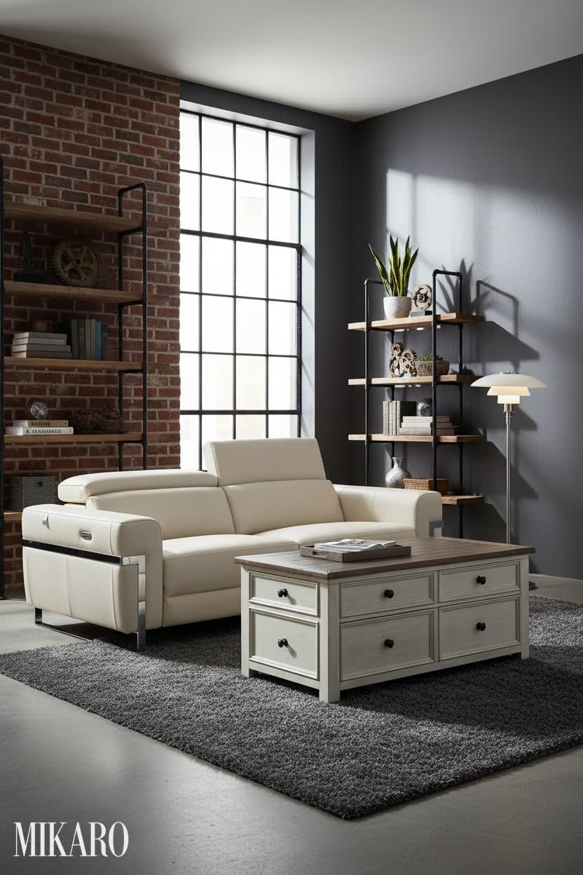 Neo-Industrial Living Room: Italian Leather Sofa, Lift-Top Coffee Table & Designer Lighting