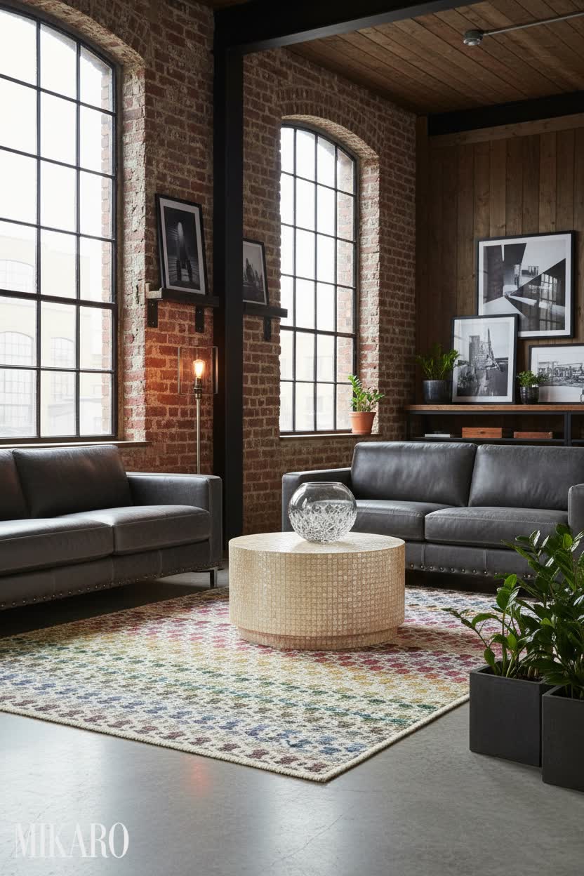 Neo-Industrial Living Room: Multicolor Geometric & Capiz Glam