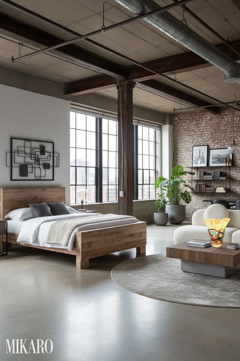 Neo-Industrial Loft Design: Rustic King Bed, Boucle Sectional & Murano Glass Vase