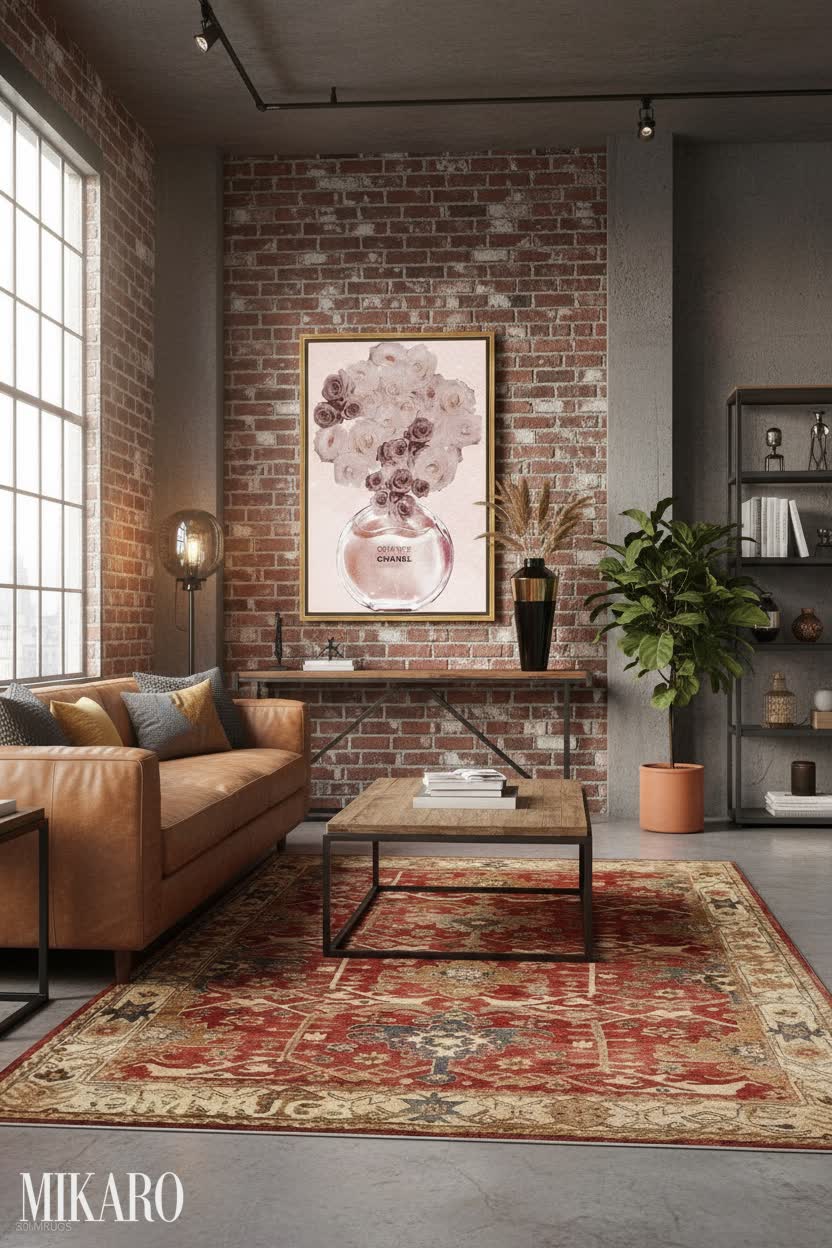Neo-Industrial Loft Living: Chic Decor with Red Rug & Floral Art