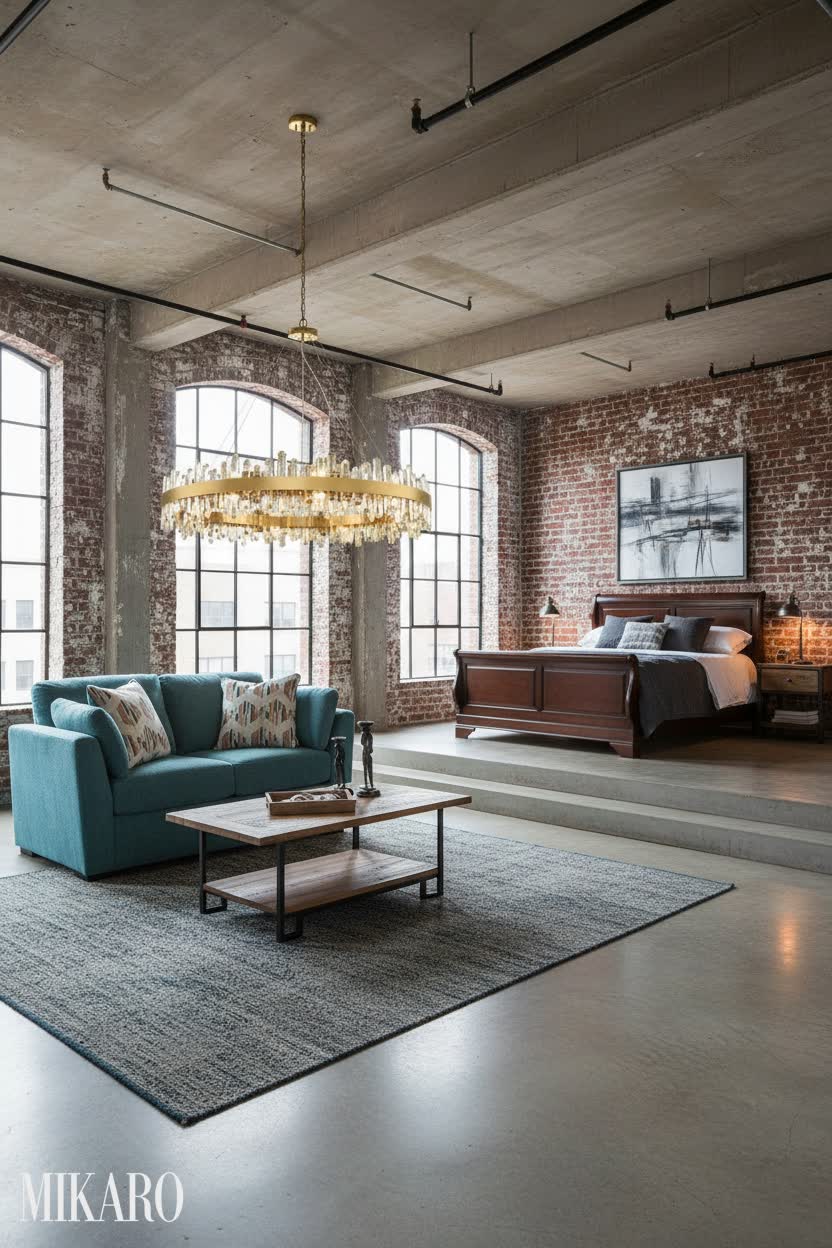 Neo-Industrial Loft Living Room Bedroom Combo with Blue Loveseat, Crystal Chandelier, Sleigh Bed